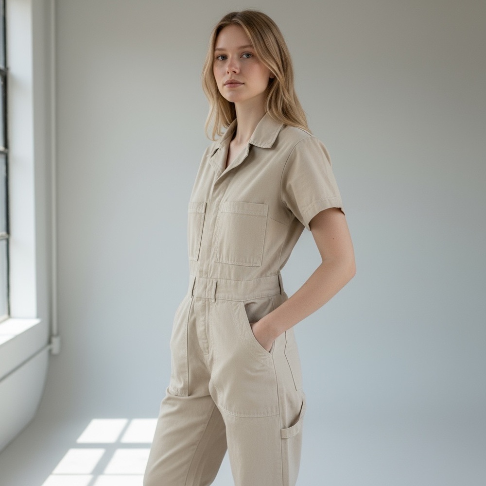 Big Bud Press Short Sleeve Twill Jumpsuit Unisex XXS Natural Vintage tee white